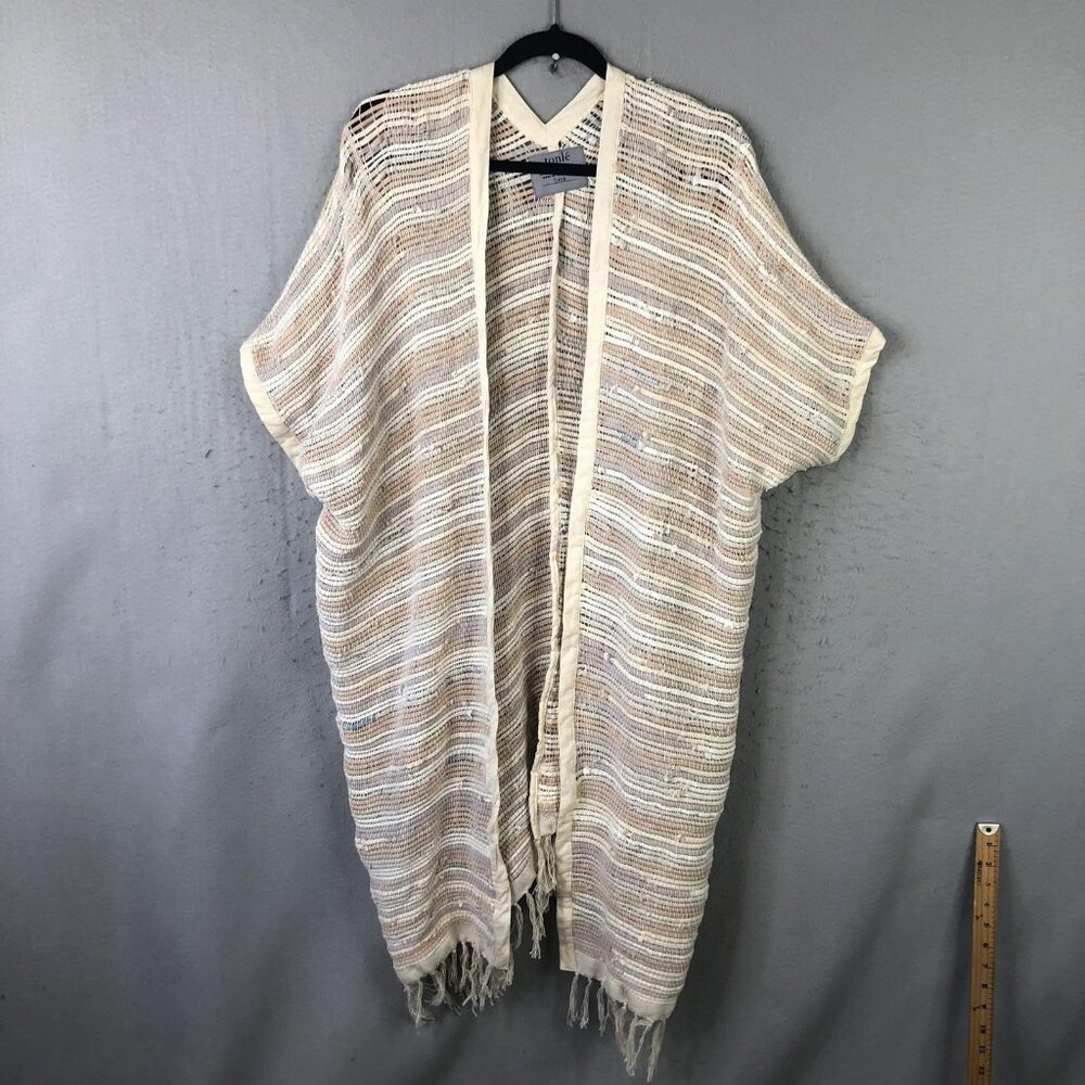 Tonlé Kimono Jacket Womens One Size Beige Striped Fringe Open Knit Boho Beach